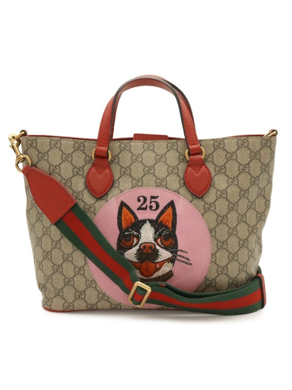 Gucci GG Supreme Bosco Patch Applique Dog Tote 2-Way Shoulder Bag Beige Red Pink